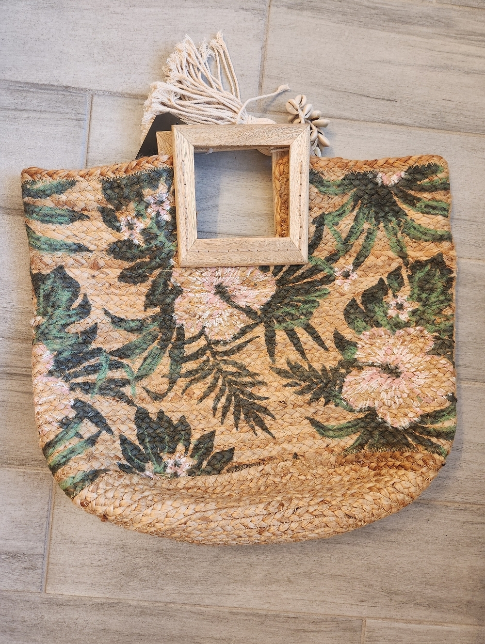 Twig & Arrow Jute Woven Tote Bag Tan Woven Tassel Floral Giant Beach Boho New$80 - Picture 9 of 14